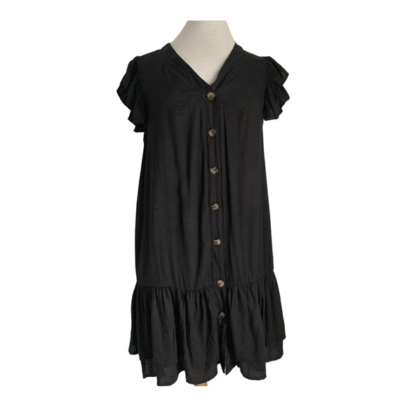 Kaycee Black Tunic Dress V-Neck Button Front Tiered Knee-Length Size Large UK 12 - Picture 2 of 13